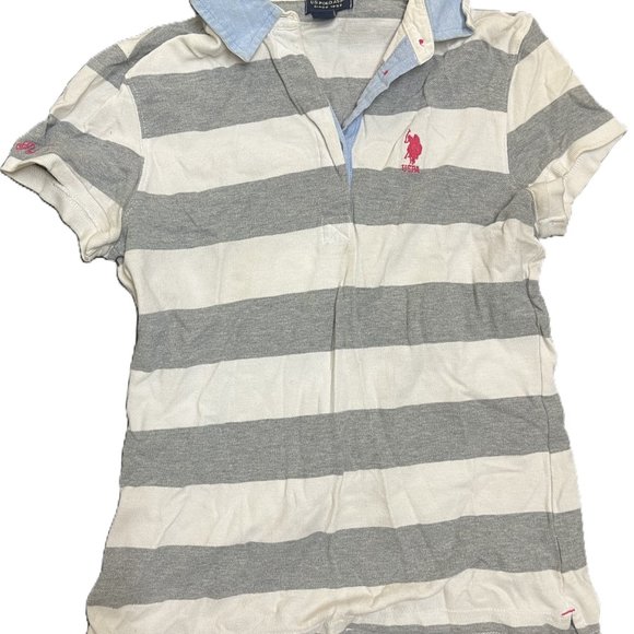 US Polo Assn Polo Shirt Women Striped Gray Short Sleeve - Picture 3 of 4